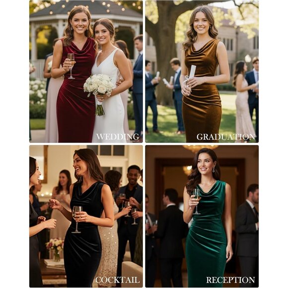 Women Black Flattering Cowl Neck Sleeveless Fall Velvet Cocktail Mermaid Gown - Picture 4 of 5